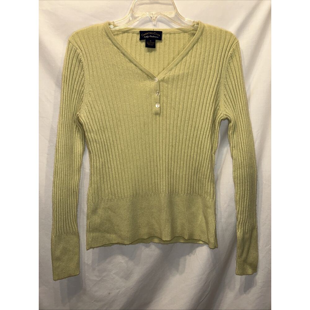 Charter Club 2-ply Cashmere Sweater Size Med Green V-Neck Ribbed Knit Preppy